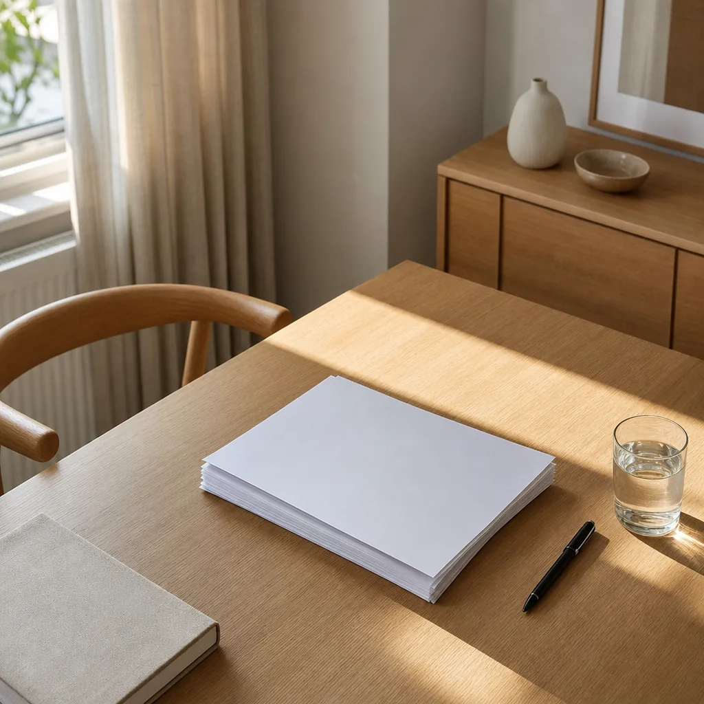 Oak desk with neat paper documents, a pen and a glass of water