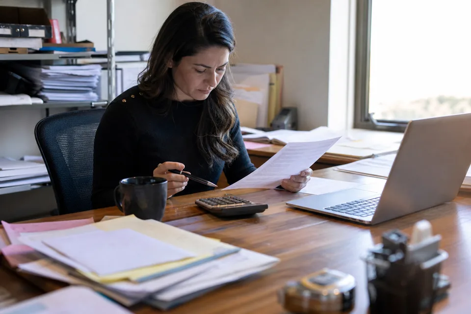 Finance manager checking a printed software renewal invoice with a calculator at a desk