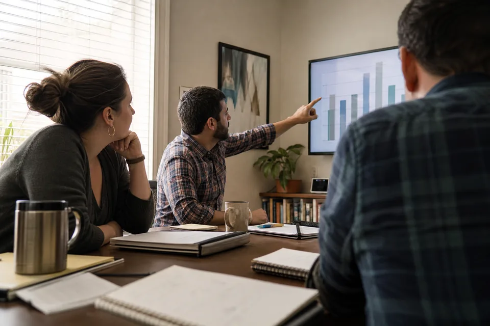 Three colleagues reviewing a bar chart on a meeting room screen