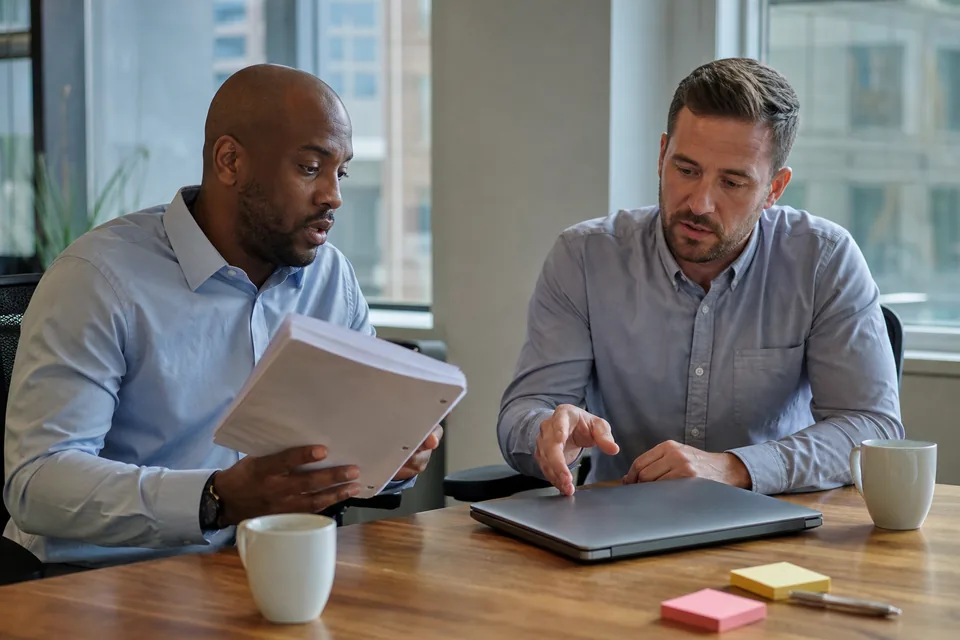 Two operations managers discussing a software contract renewal at a meeting table