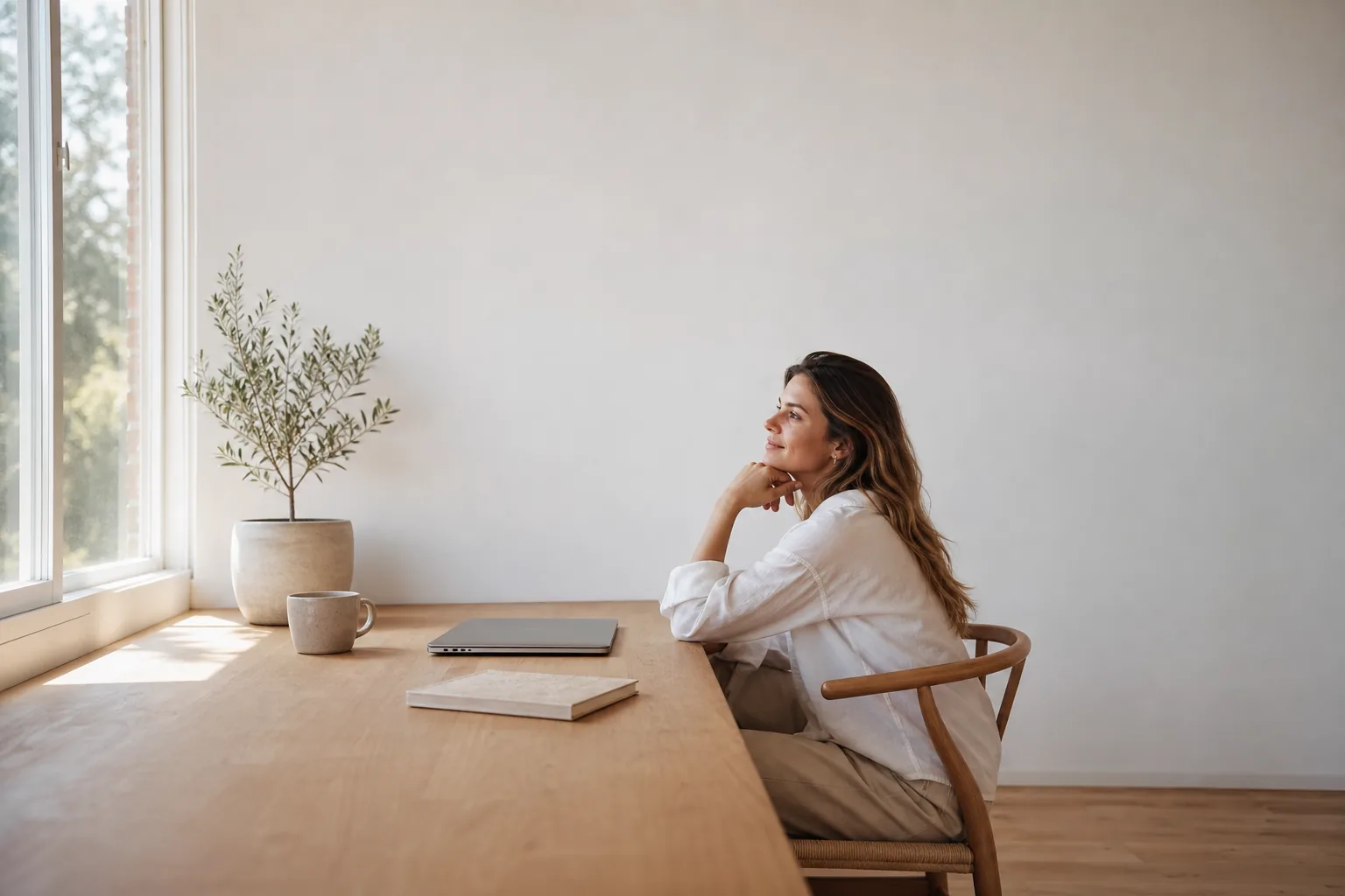 Bright warm minimal workspace with a closed laptop on a long oak desk
