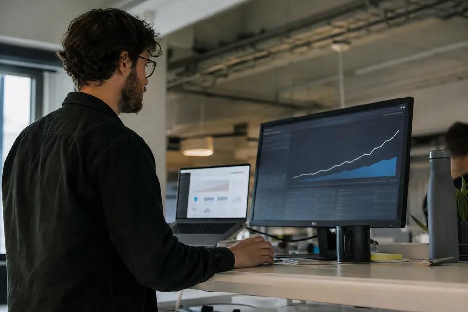Analytics engineer watching an AI usage graph climb on a monitor