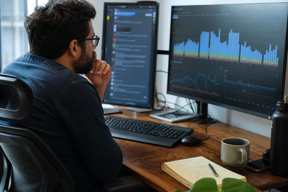 Data platform engineer reviewing a cloud usage cost graph beside a chat window