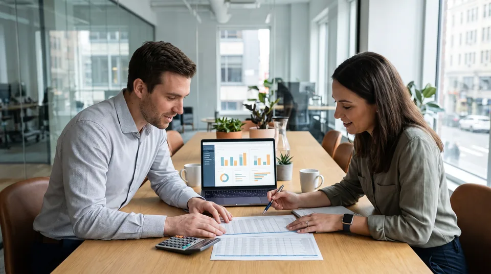 Two managers reviewing a BI software renewal quote next to a dashboard on a laptop