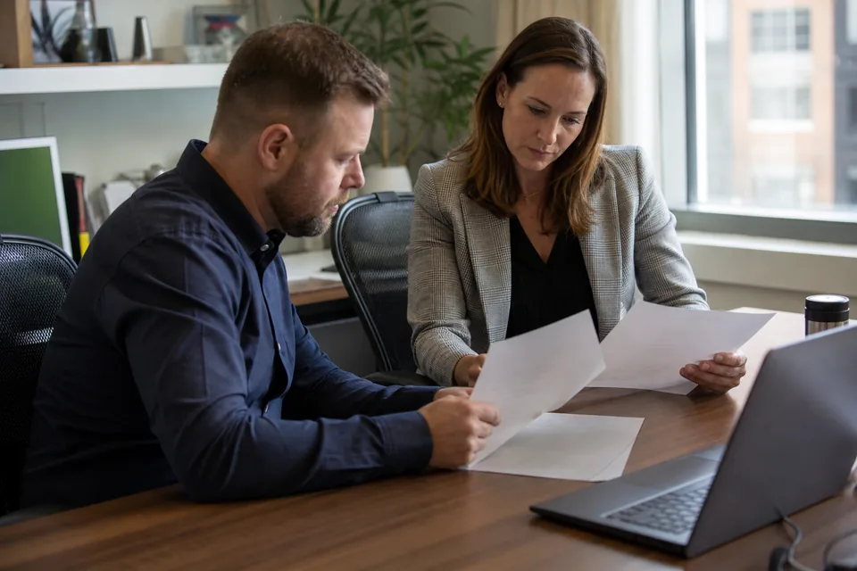 A data lead and a finance manager comparing two software quotes at a desk