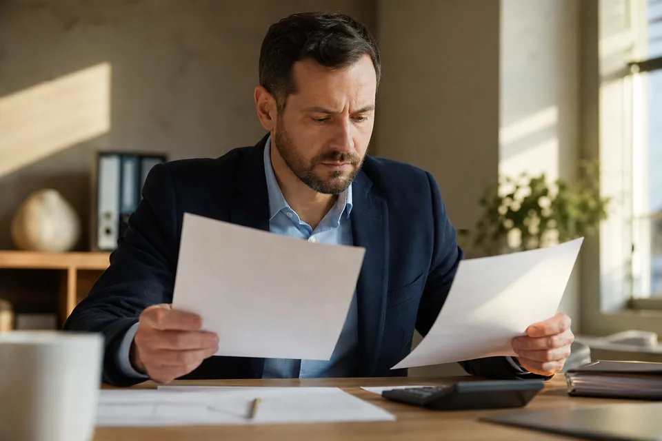 Finance director comparing two printed software quotes with a calculator